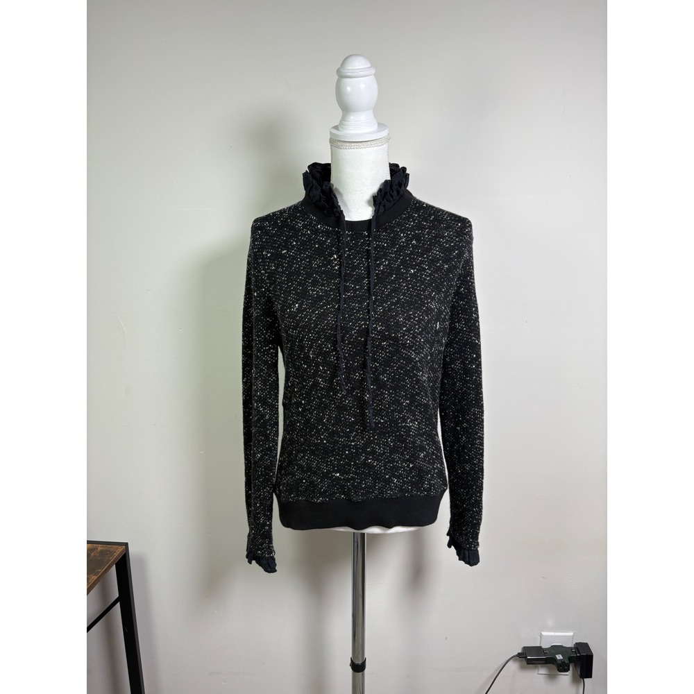 Leon & Harper Womens XS Black White Marl Ruffle Neck Cotton Blend Sweater